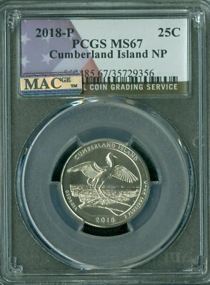 2018 P CUMBERLAND LOGO QUARTER PCGS MS67 PQ 2ND FINEST REGISTRY MAC SPOTLESS . - Image 1 of 2