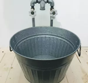 Galvanized Metal Round Rustic SINK, DRAIN & FAUCET (Industrial Farm House) - Picture 1 of 4