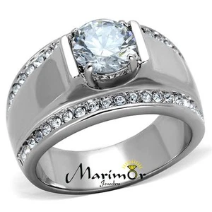 Men's 2.25 Ct Round Cut Cubic Zirconia Silver Stainless Steel Ring Sizes 8-13 - Picture 1 of 6