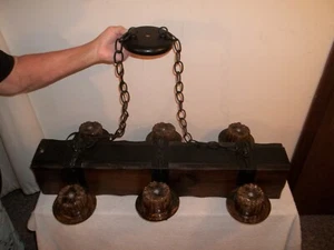 Vtg MANDEL SPANISH REVIVAL GOTHIC LARGE WOOD WROUGHT IRON LIGHT CHANDELIER  - Picture 1 of 11