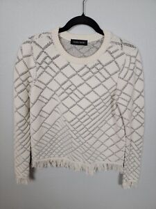 Ivanka Trump Women's Sweater Soft White Pullover Fringe Trim Small/Petite 
