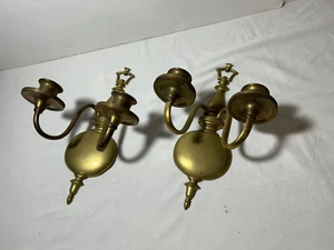 Solid Brass Pair of Antique Candlestick Holder Wall Sconce Candelabras - Picture 1 of 12