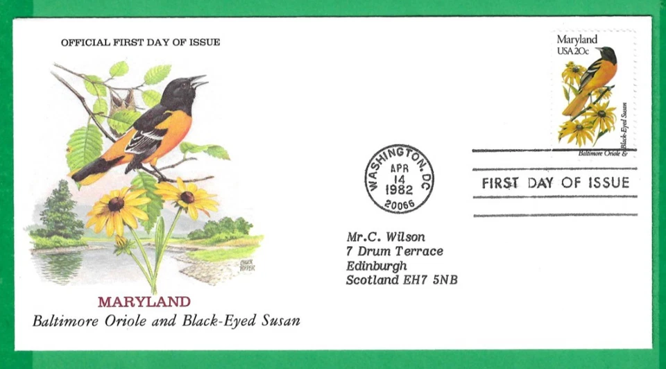 USA ~ STATE BIRDS & FLOWERS ~ MARYLAND ORIOLE & BLACK-EYED SUSAN ~ 14th APR 1982 - Image 1 of 1