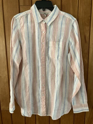 LL Bean Linen Shirt Womens Pink Stripe XS Button Front - Imagem 1 de 4