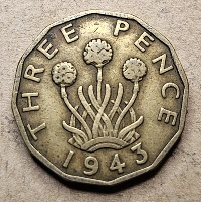 1943 Reino Unido Gran Bretaña Británica Tres 3 Peniques - Moneda de latón níquel - KM# 849  Foto 1 de 2