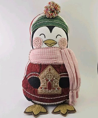 Pingüino de vacaciones con cuentas con bufanda y almohada de pan de jengibre 16" decoración navideña detallada Foto 1 de 4