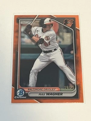 Max Wagner /25  2024 Bowman Chrome Prospect Orange Refractor Orioles #BCP-18 - Image 1 of 2