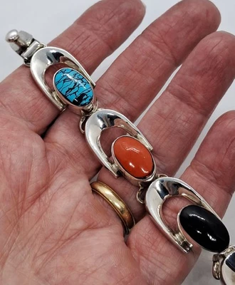CHUNKY VINTAGE STERLING SILVER TAXCO MEXICO ARTISAN TC-271 MULTI STONE BRACELET - Image 1 of 4