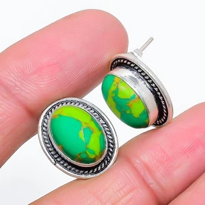 Copper Turquoise Gemstone 925 Sterling Silver Jewelry Stud Earring Size 0.75" - Picture 1 of 1