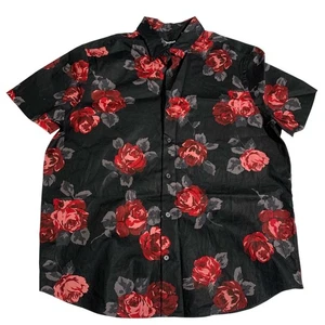 Express Mens Short Sleeve Red Floral Rose Flower Button Up Shirt XL Cotton - Picture 1 of 6