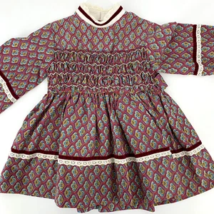 Polly Flinders handgesmoktes burgunderrotes Kleid Langarm Samtbesatz Paisley 2T - Bild 1 von 8