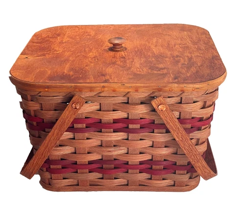 Amish Picnic Basket Small Size With Solid Oak Lid and Swinging Handles Cover