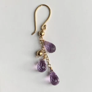 Single 14K Gold Earring Amethyst Briolette Drops Dangle 42mm Long Hook 14ct 585 - Picture 1 of 7