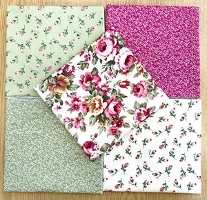 Fat Quarter Bundle - Pretty Pink Green Rose Bud Floral - Bunting Craft Fabric - Picture 1 of 5