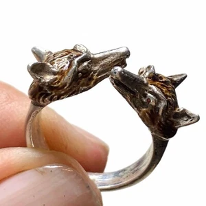 LUX Vintage Sterling Silver Fox Bypass Ring, with Enamel, Size 6 3/4 - Picture 1 of 3