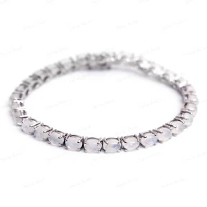 Natural Oval 6X4 mm Rainbow Moonstone 925 Solid Sterling Silver Tennis Bracelet - Picture 1 of 5