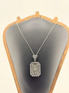 Signed Sterling Silver Diamond & Art Deco Filigree Camphor Glass Necklace - Picture 1 of 8