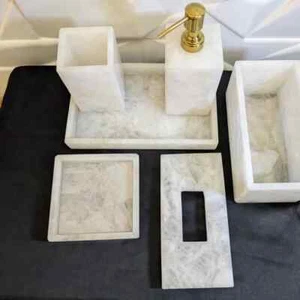 White Quartz Bathroom Accessories Set | Handcrafted | Pink | Soap Dispenser | - Picture 1 of 3