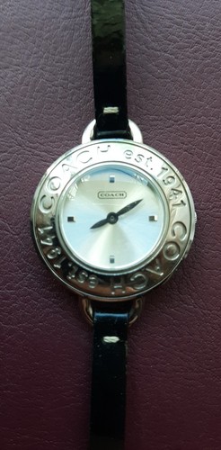 Orologio Vintage Coach Phoebe Nero Sottile In Pelle Patinata Cinturino Argento T LG Taglia 8