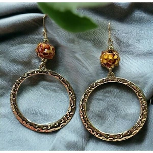 Vintage Hammered Earrings Gold Tone Hoops Rings Dangle - Picture 1 of 6