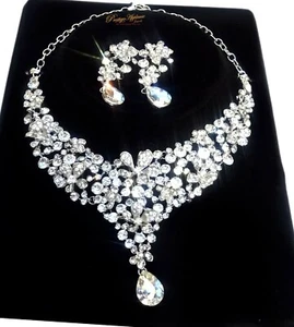 Beautiful Silver Unique Cocktail Bridal Necklace Earring Jewellery Set - Picture 1 of 2