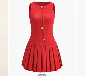 Commense Womens Red Gold Buttons Fit & Flare Sleeveless Mini Dress M NWT Pleated - Picture 1 of 7