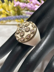Vintage Cream Enamel Crystal Rhinstone Fashion Statement Dome Ring Size 7.25 - Picture 1 of 10