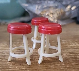 3 Vintage Renwal 1940s Plastic Stool Dollhouse Miniature Plastic Red Seat White - Picture 1 of 3