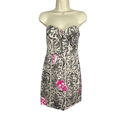 Mini Vestido Rachel Roy 2 Mezcla de Lino Damasco Rosa Calaveras Sin Tirantes Cuello Corazón Foto 1 de 4