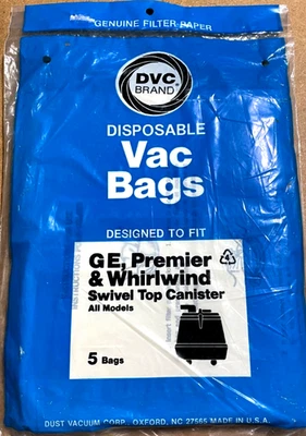 Swivel Top Canister Vacuum Paper Bags - Fits GE, Premier, Whirlwind NEW / SEALED - Image 1 of 2