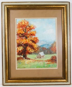 VINTAGE OIL PAINTING PANEL BOARD UNSIGNED AUTUMN LANDSCAPE W/ RURAL HOUSE FALL - Picture 1 of 11