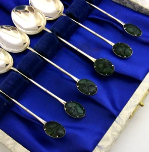 SIX CHINESE EXPORT SOLID SILVER JADE SPOONS c1940 BOXED 42g - Picture 1 of 12