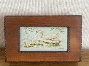 VTG JJ CASH Trinket Box Swan Insert Wooden Tatra mountains Poland Woven Silk - Picture 1 of 13
