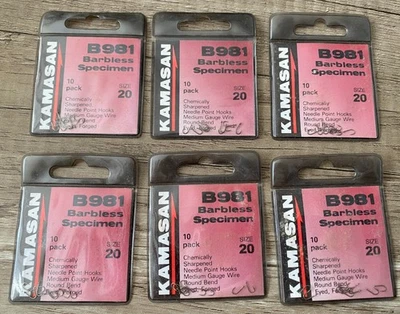 6 Packs size 20-Kamasan Hooks B981 Carp or Coarse Hooks-Barbless Specimen Hooks - Image 1 of 3