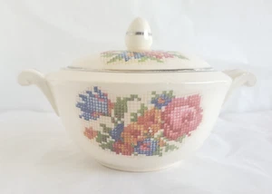 VNTG Harker Petit Point Rose Sugar Bowl & Lid Beautiful!! W27 L03 - Picture 1 of 9