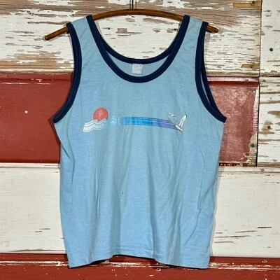 Vintage 70s Single Stitch Tank Top Retro Seagull Sleeveless Shirt Casual - Image 1 of 4