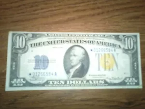 1934A $10 North Africa STAR Note Yellow Seal,A-Block Serial # *01266584A - Picture 1 of 7