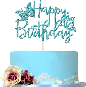 Sky Blue Happy Birthday Cake Topper with Butterfly, Butterfly Cake Decor for Gir - Picture 1 of 7