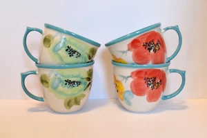 Pioneer Woman Vintage Bloom Turquoise 16oz Coffee Cups Mugs Set of 4 New - Picture 1 of 8