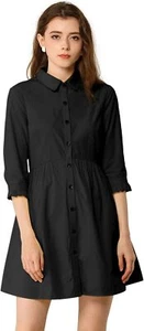 Allegra K Women's Casual Shirt Dress Ruched 3/4 Sleeve Button Down Work Mini Dre - Picture 1 of 25
