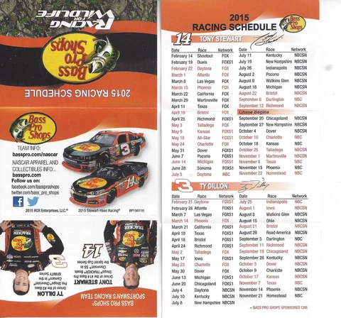 2015 TONY STEWART / TY DILLON "BASS PRO" NASCAR SCHEDULE NOT POSTCARD Cover