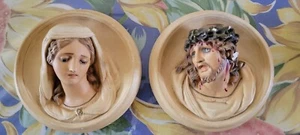 2 VINTAGE CHALKWARE 3D PLAQUES CRUCIFIED JESUS CROWN OF THORNS & MOURNING MARY - Picture 1 of 8