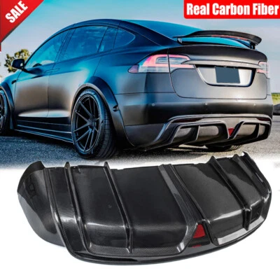 For Tesla Model X Plaid 2022-2024 Real Carbon Rear Bumper Diffuser Lip W/Light - Image 1 of 4