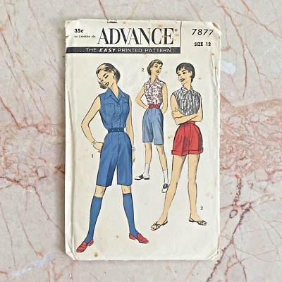 Advance 7877, 50s Shorts/Shirt, Sz 12/30, Vintage Sewing Pattern, Cut, COMPLETE - Image 1 of 2