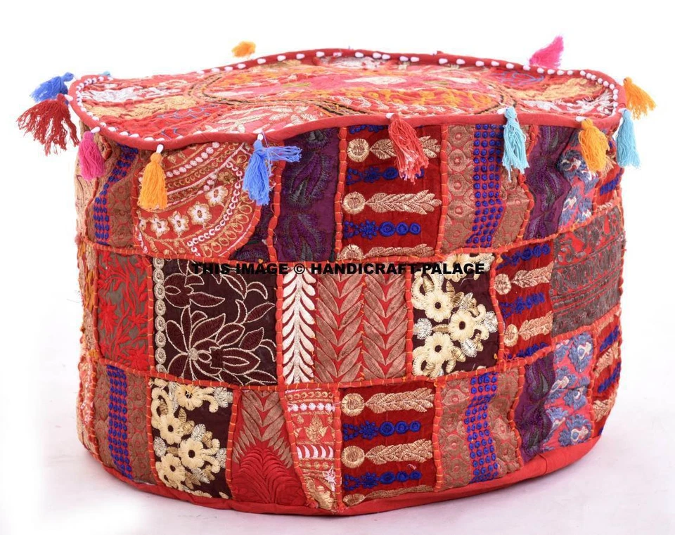 Round Ottoman Pouf Cover Embroidered Patchwork Bohemian Indian Decor Floor Pouf - Imagem 1 de 1