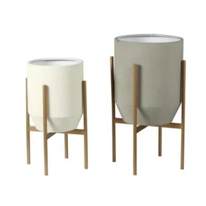 LuxenHome Gray/White Floor Planter + Gold Stand 2-Pcs Iron Round Indoor/Outdoor - Picture 1 of 9
