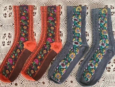 Two (2) Pair ~ Handcrafted ~ 1~Orange & 1~Gray ~ Floral ~ Knit Ankle/Crew Socks - Image 1 of 4