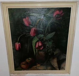 Tulpen Stillleben mit Vase u. Obst unl. sig. R.Juriy? um 1920? - Bild 1 von 12