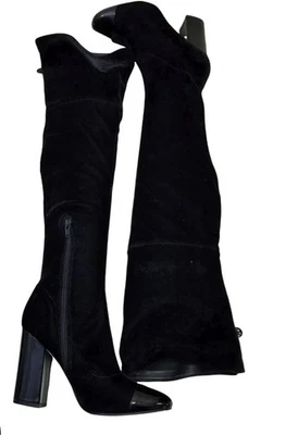 Guess 7.5 Black Velvet Thigh High Heeled Boots LOLO Patent Leather Cap Toe - Image 1 of 4