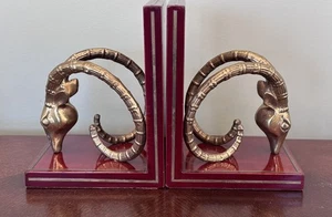 Ibex Bookends Brass Antelope Ram Gazelle Head On Mahogany Wood Vintage Set Of 2 - Picture 1 of 14